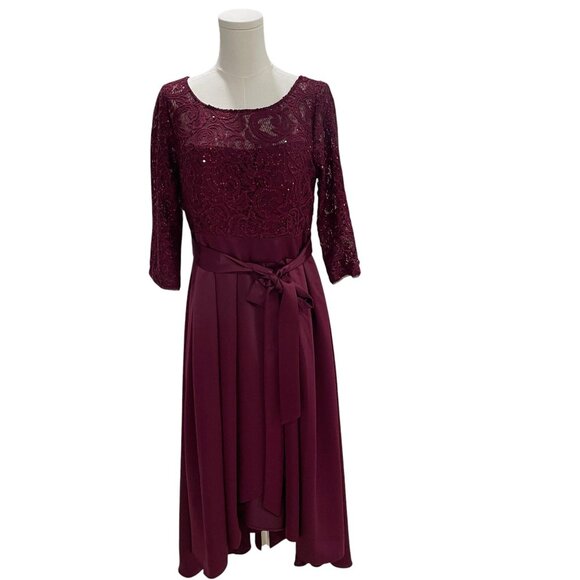 Alex Evenings Petite Burgundy Lace Chiffon Dress Formal Cocktail Wedding Guest - Picture 6 of 13